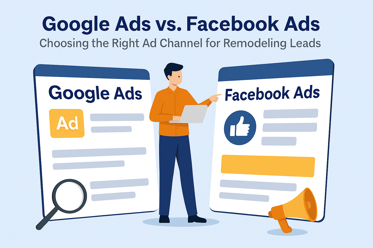 Flat-style digital illustration comparing Google Ads and Facebook Ads for remodeling leads with icons of search ads and social media platforms